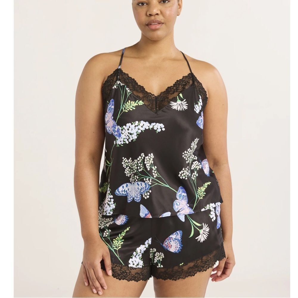 Floral Butterfly Print Black Sleepwear Set Sz L